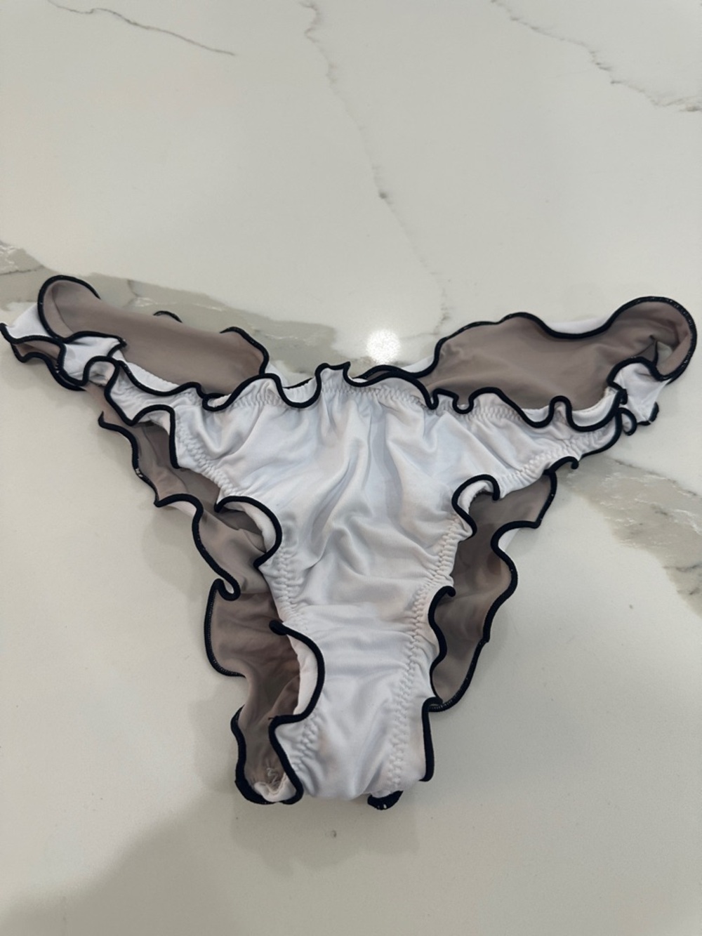 Women’s White Ruffle Bikini Bottom with Black Trim